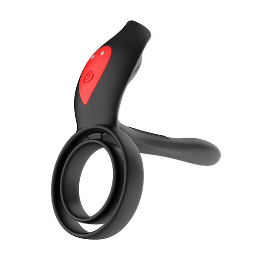 Schwarzer Prostate Massager mit roter Fernbedienung und integriertem Penisring aus Premium-Silikon