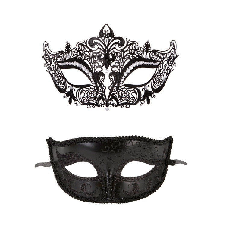Venezianisches Masken-Paar in Schwarz mit filigraner Spitze - Elegante Augenmasken für Rollenspiele