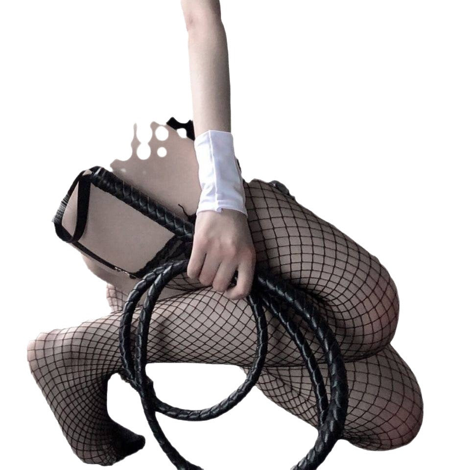 Detailansicht schwarze Leder-Peitsche mit geflochtener Struktur und Metallring