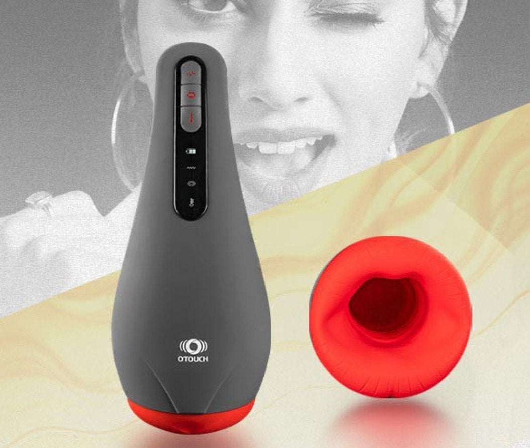 OTouch Airturn 2 Masturbator in Schwarz-Rot mit LCD-Display, Saugfunktion und Heizung, inklusive roter Silikonhülle